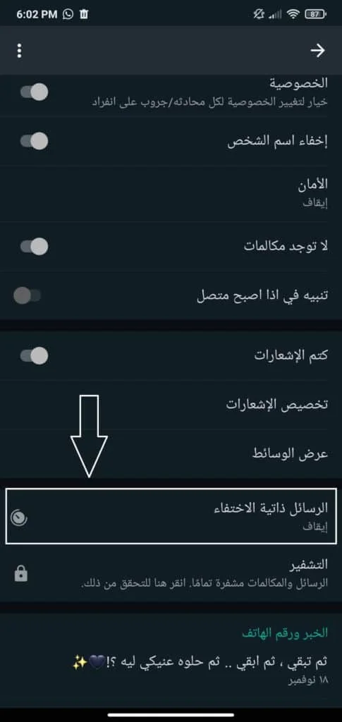 تفعيل ميزة رسائل ذاتية الاختفاء في واتساب الذهبي